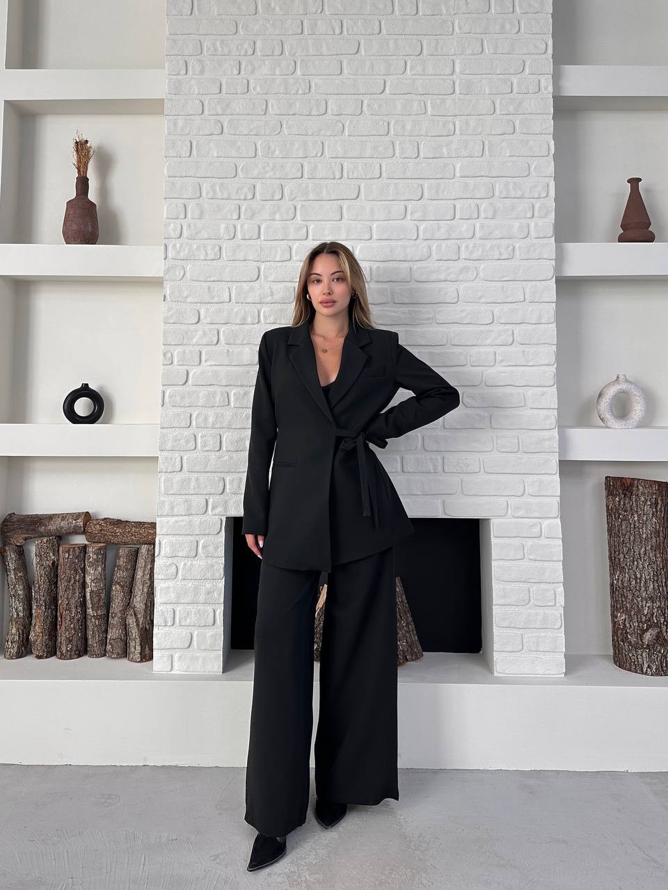Kemerli Blazer Palazzo Takım Siyah