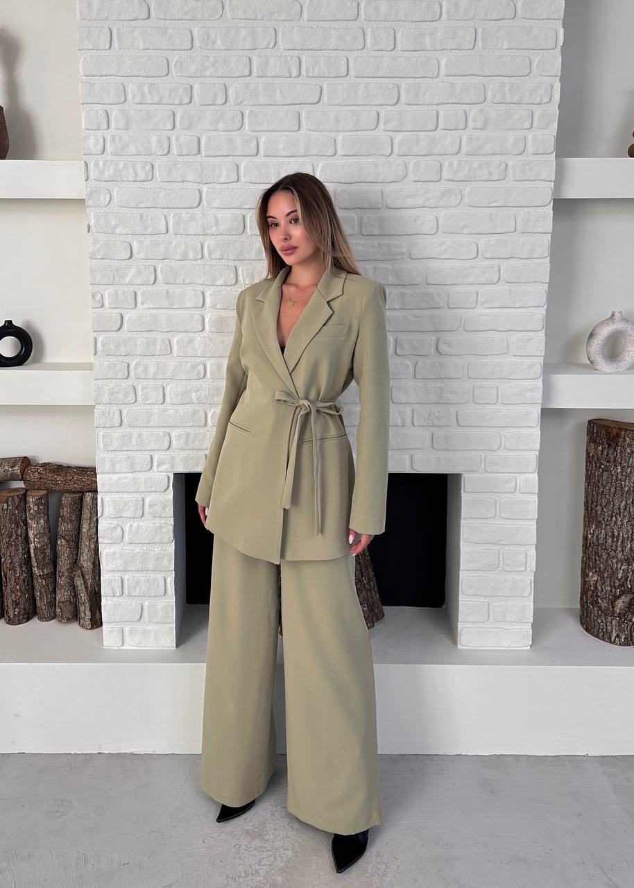 Kemerli Blazer Palazzo Takım Açık Yeşil