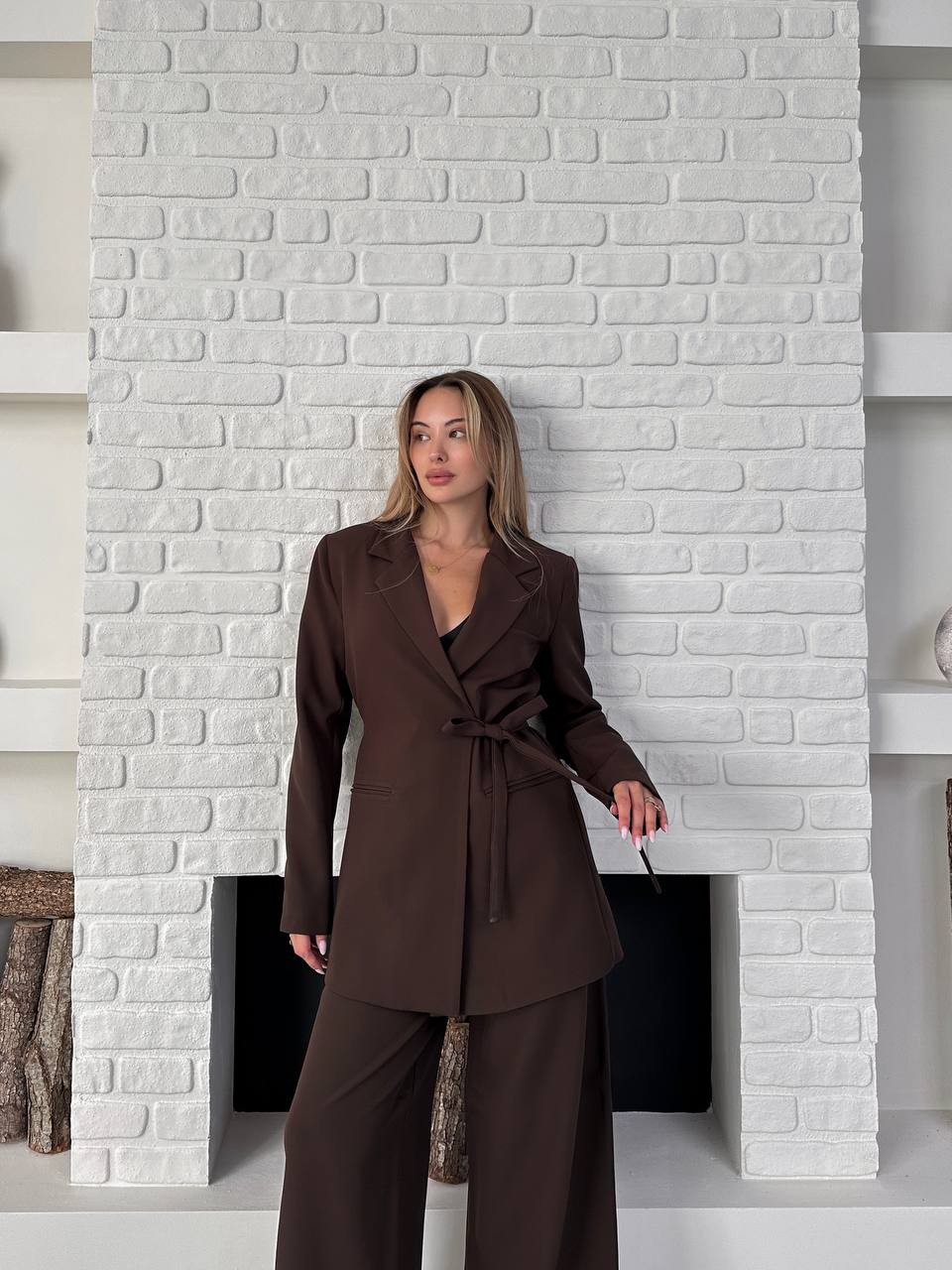 Kemerli Blazer Palazzo Takım Kahverengi