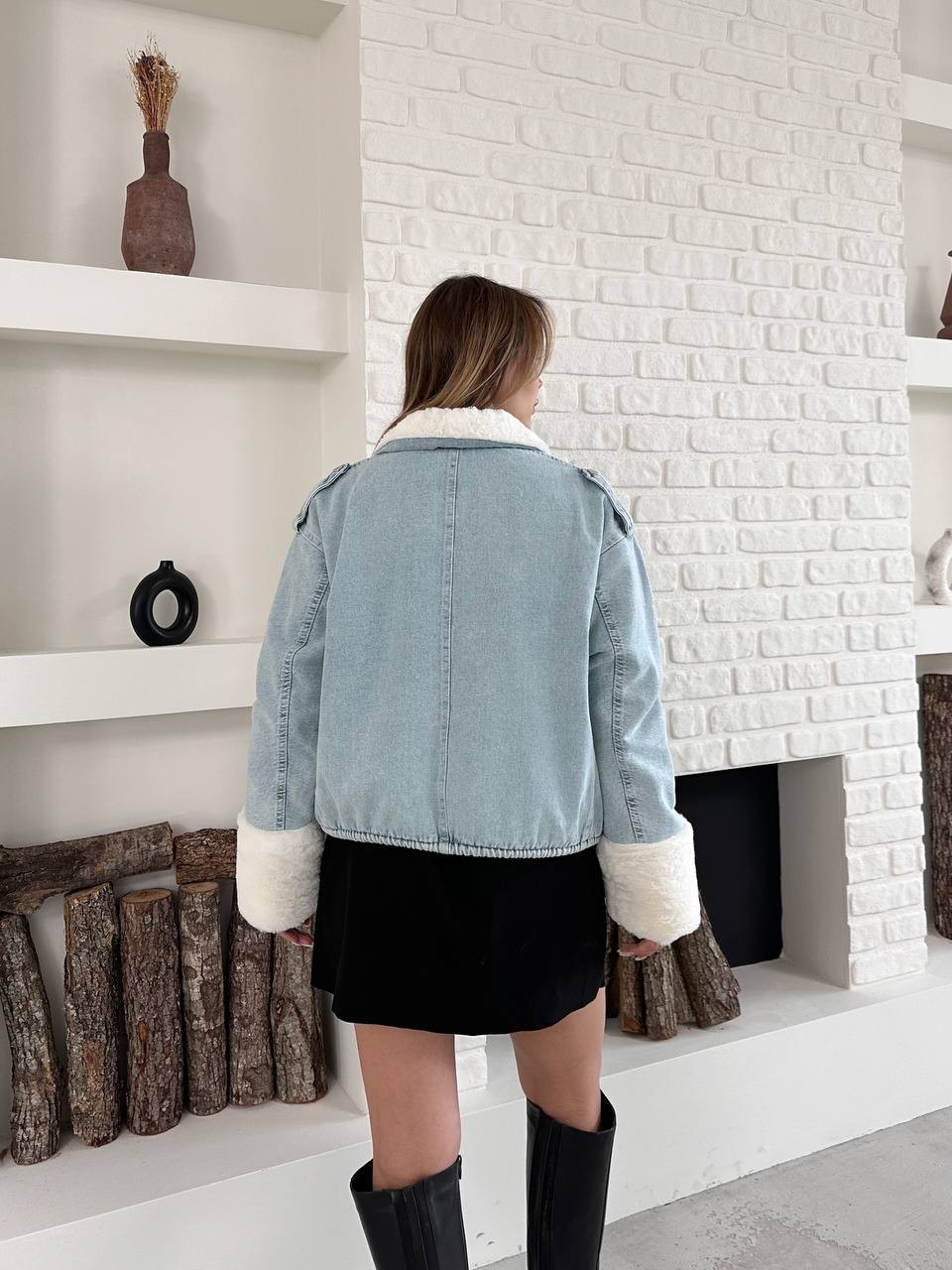 Peluş Yaka Büzgülü Kot Mont