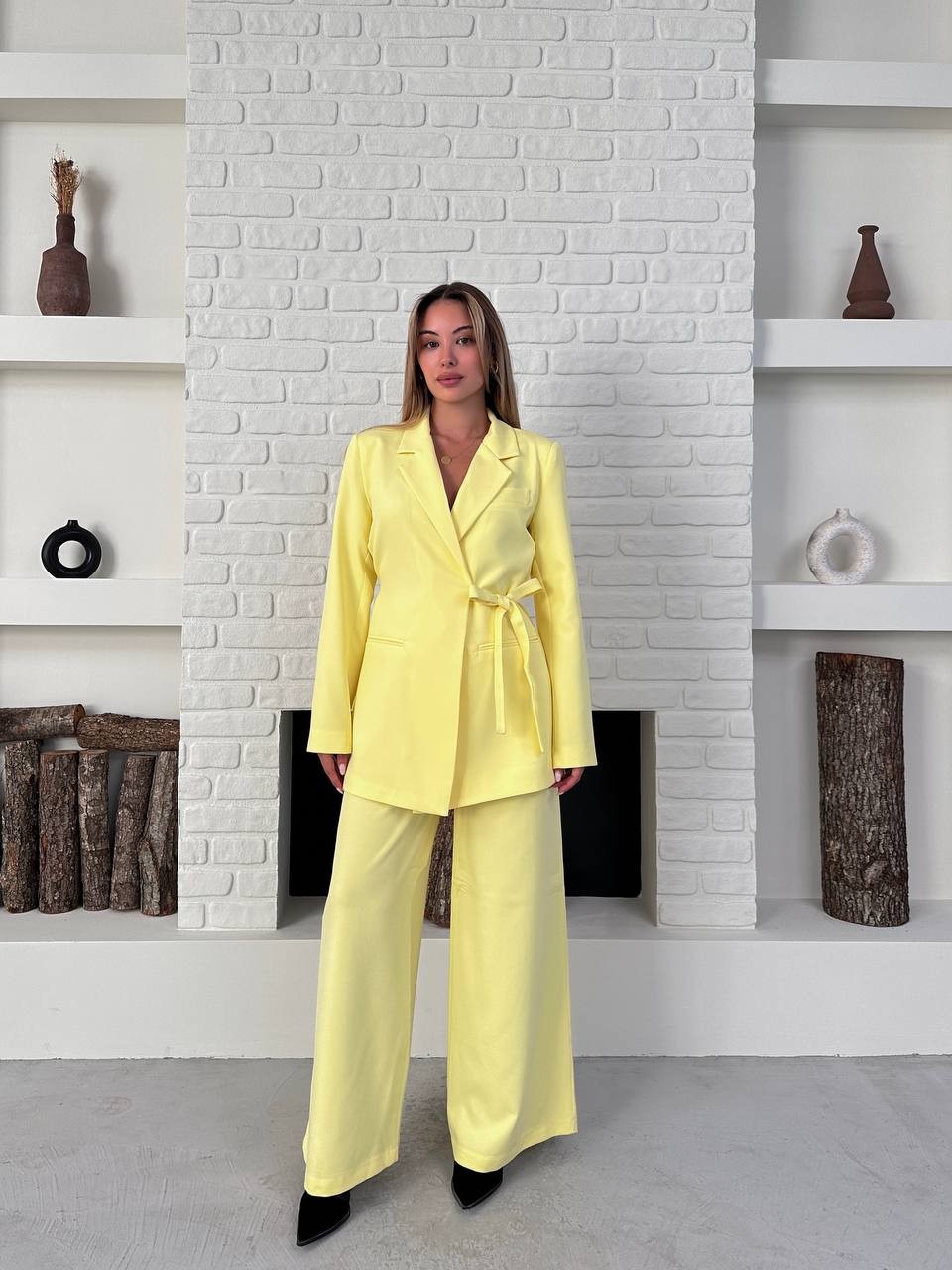 Kemerli Blazer Palazzo Takım Sarı