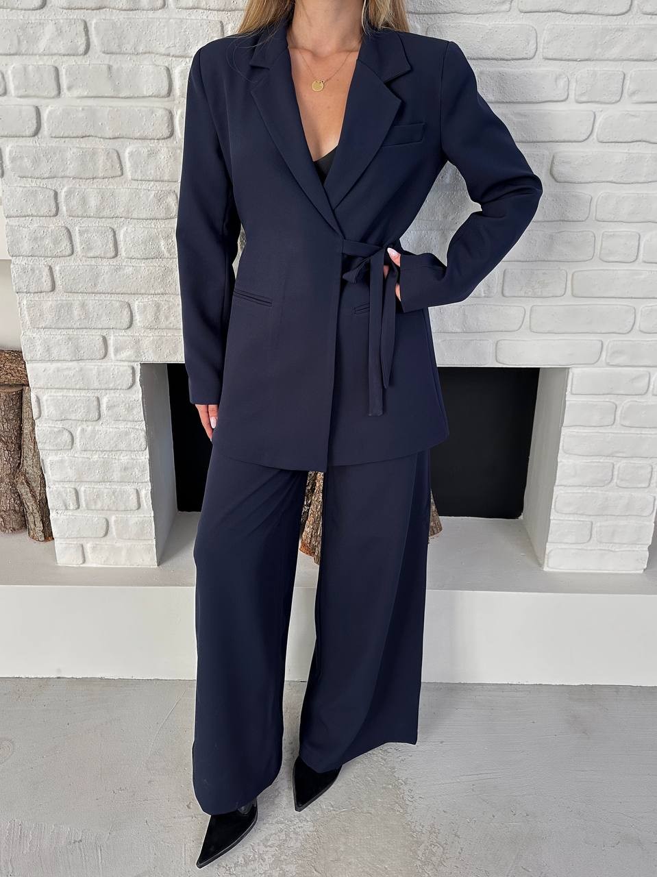 Kemerli Blazer Palazzo Takım Lacivert