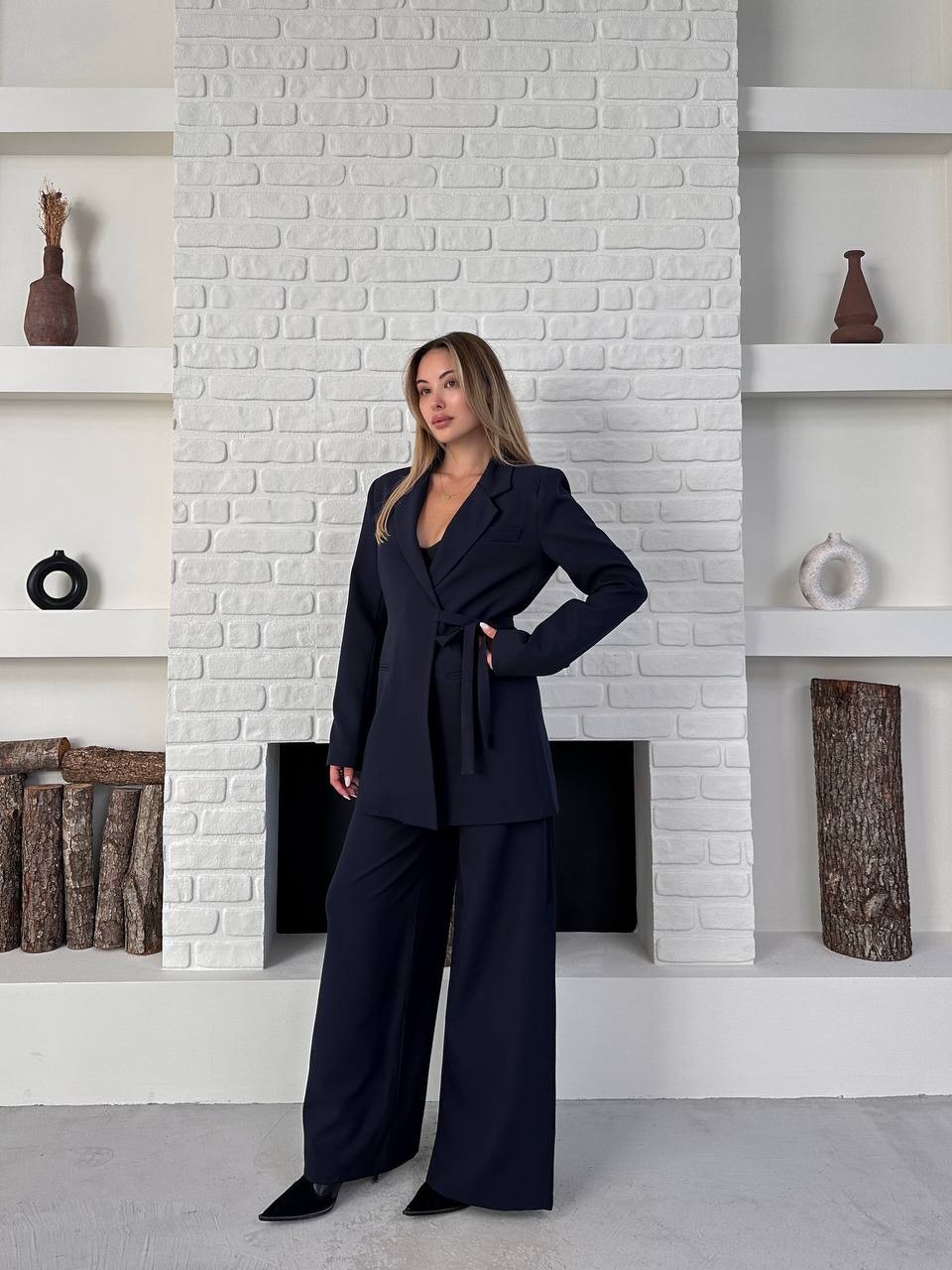 Kemerli Blazer Palazzo Takım Lacivert
