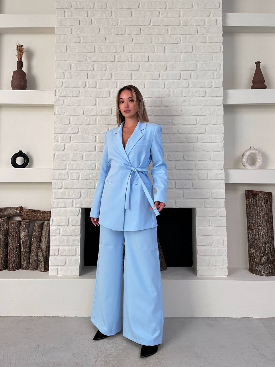 Kemerli Blazer Palazzo Takım Bebe Mavisi