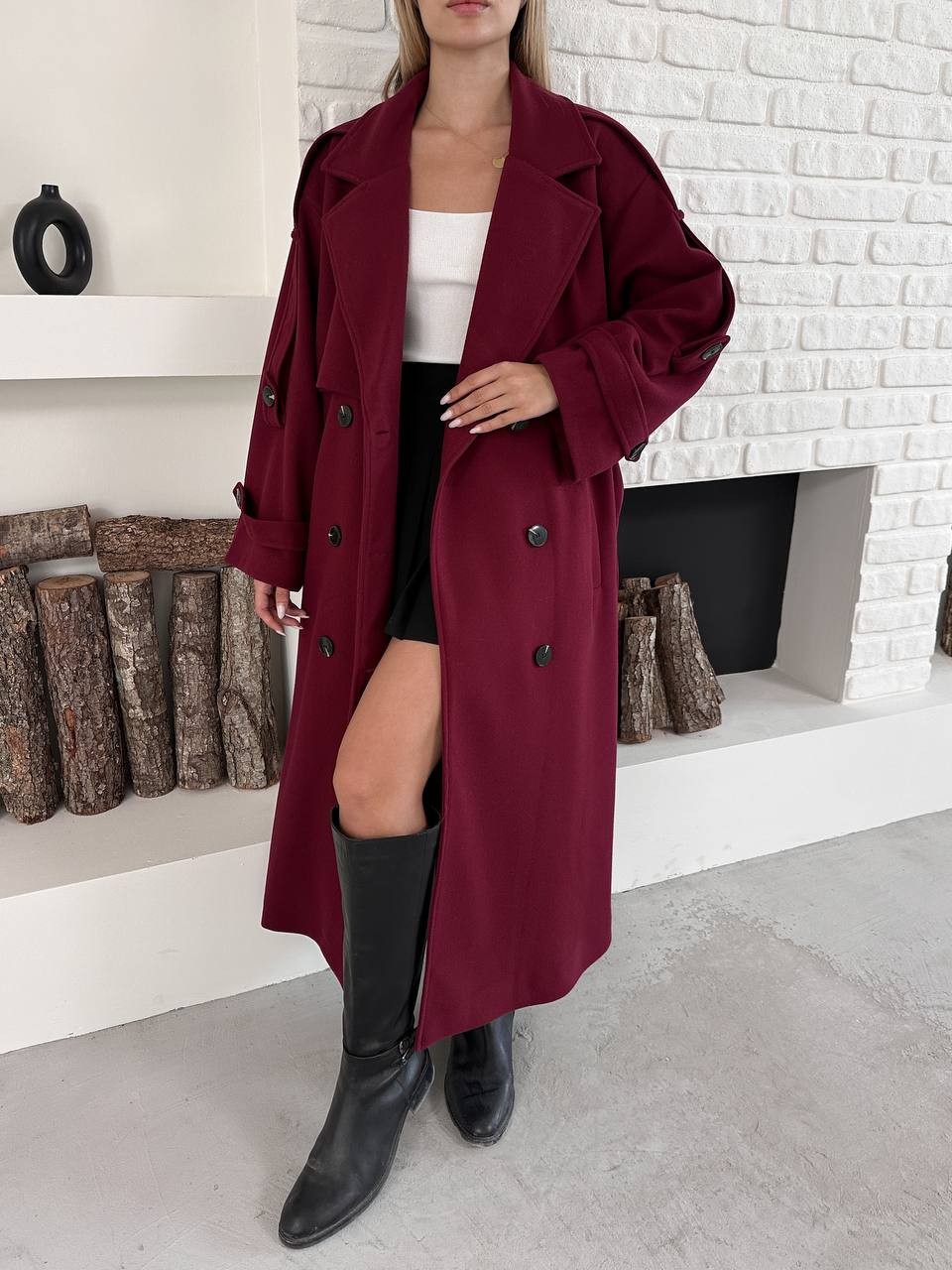 Çift Düğmeli Kuşaklı Uzun Kaban Bordo