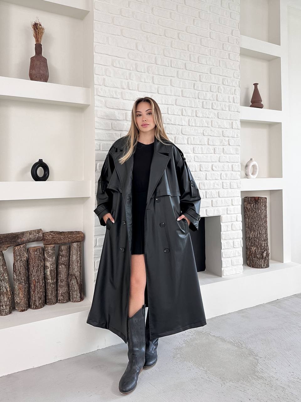 Maxi Oversize Deri Trençkot Siyah