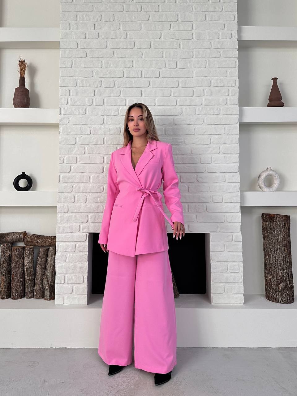 Kemerli Blazer Palazzo Takım Pembe