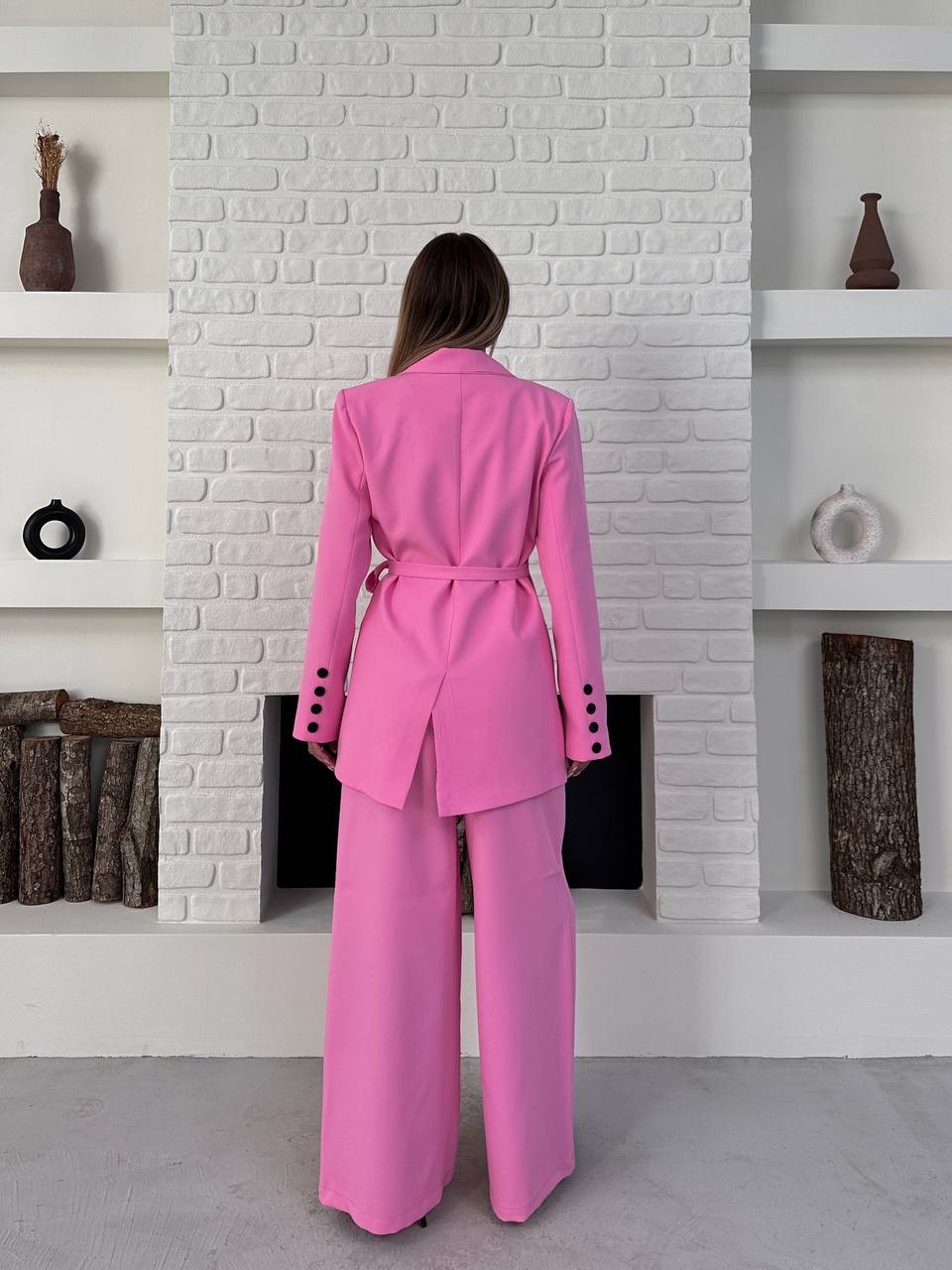 Kemerli Blazer Palazzo Takım Pembe