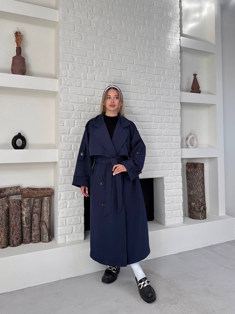 Düğme Detaylı Kuşaklı Trençkot Lacivert