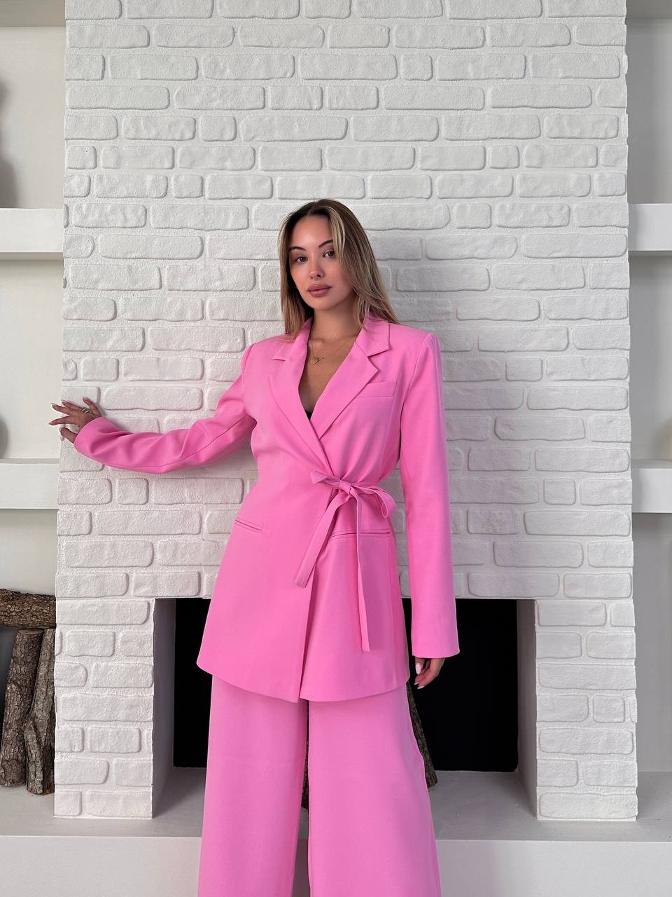 Kemerli Blazer Palazzo Takım Pembe
