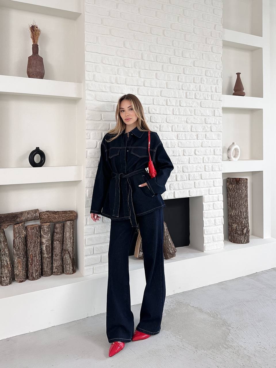 Kemerli Denim Takım Kot