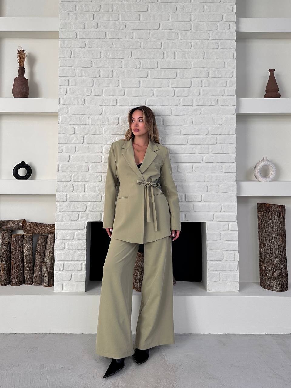 Kemerli Blazer Palazzo Takım Açık Yeşil