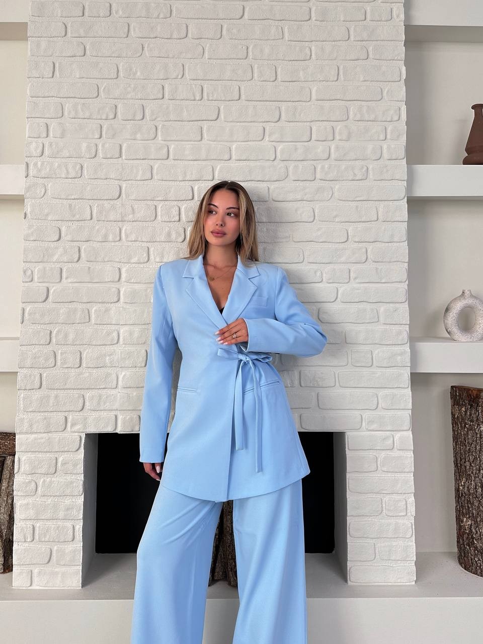 Kemerli Blazer Palazzo Takım Bebe Mavisi