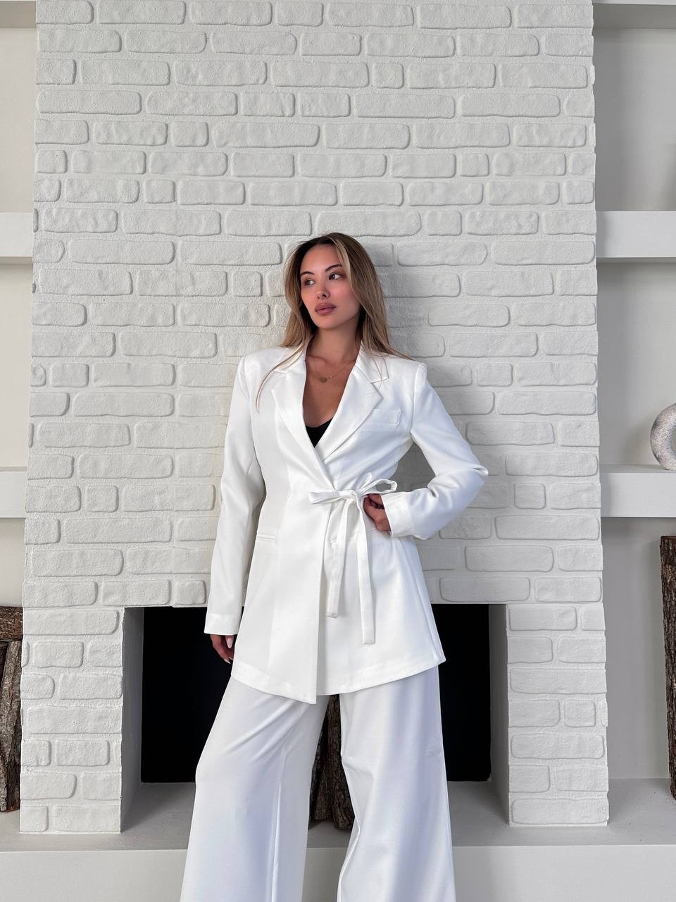 Kemerli Blazer Palazzo Takım Beyaz