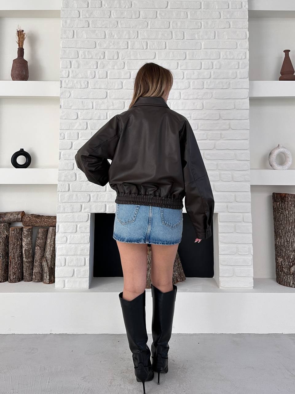 Crop Deri Bomber Ceket Kahverengi