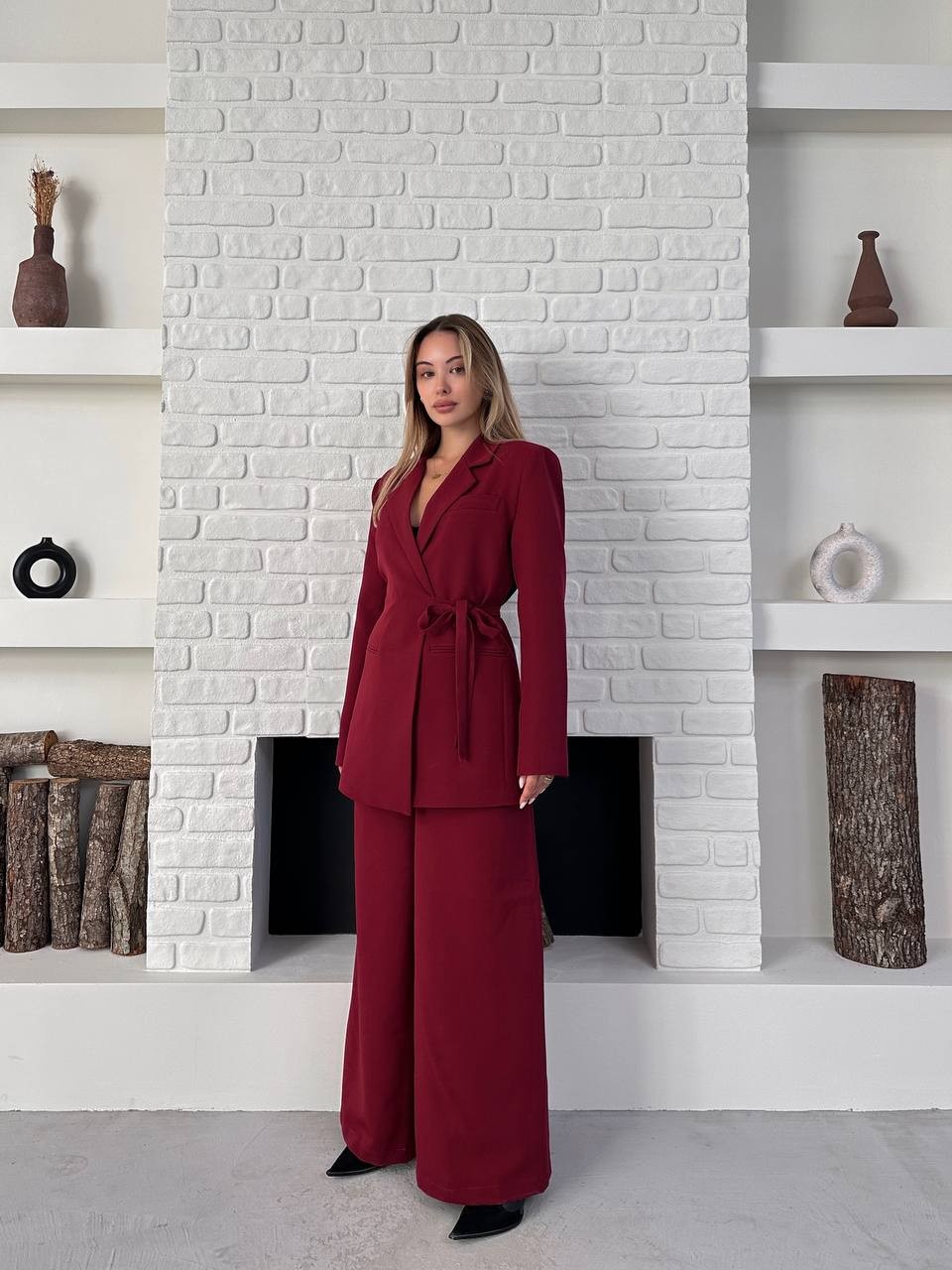 Kemerli Blazer Palazzo Takım Bordo