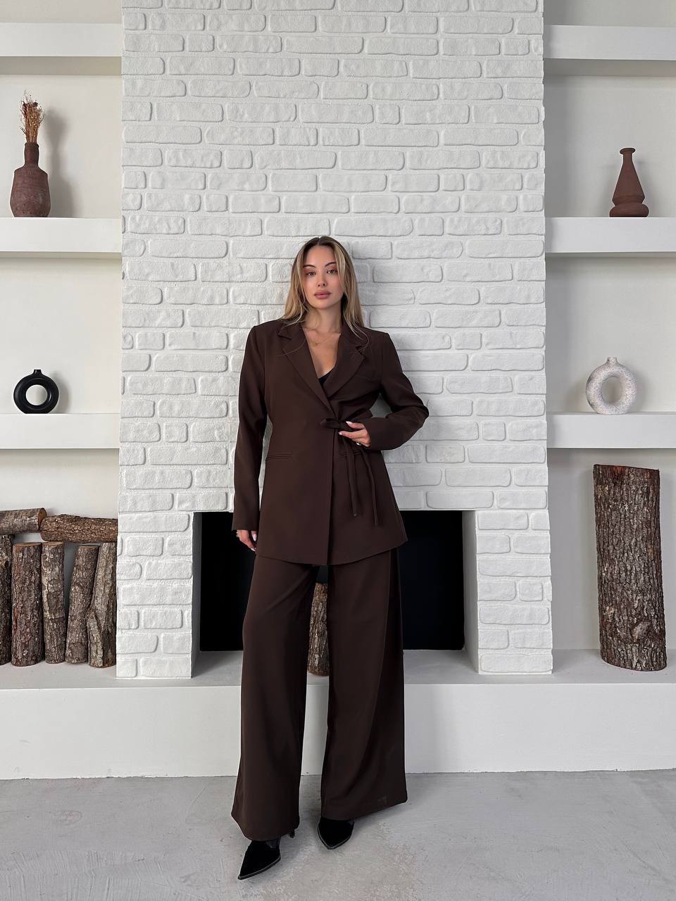 Kemerli Blazer Palazzo Takım Kahverengi