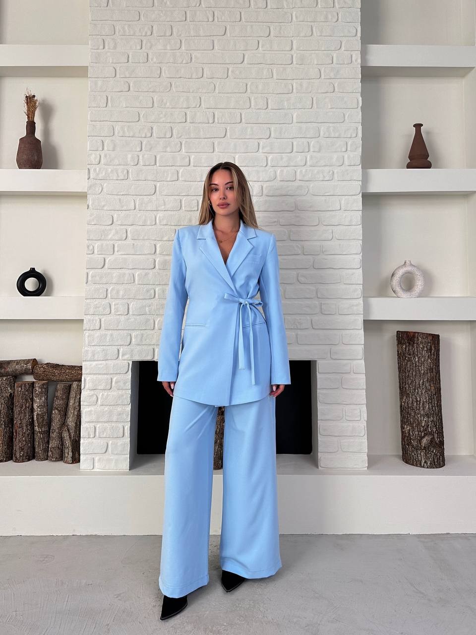 Kemerli Blazer Palazzo Takım Bebe Mavisi