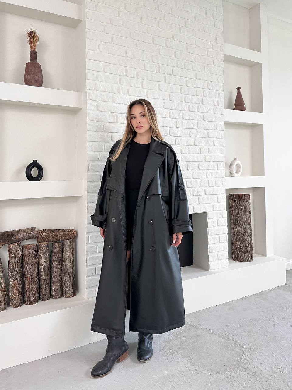 Maxi Oversize Deri Trençkot Siyah