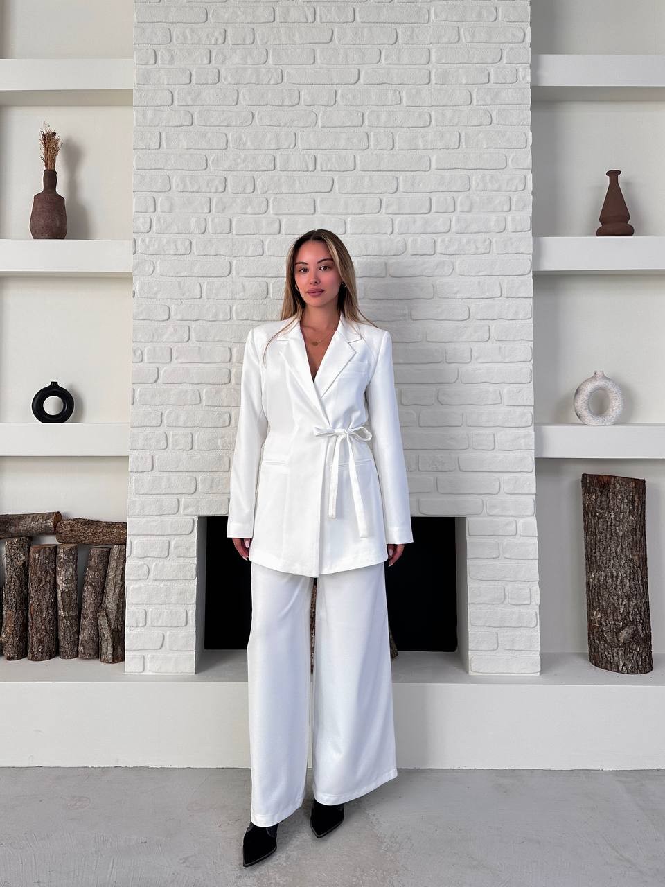 Kemerli Blazer Palazzo Takım Beyaz