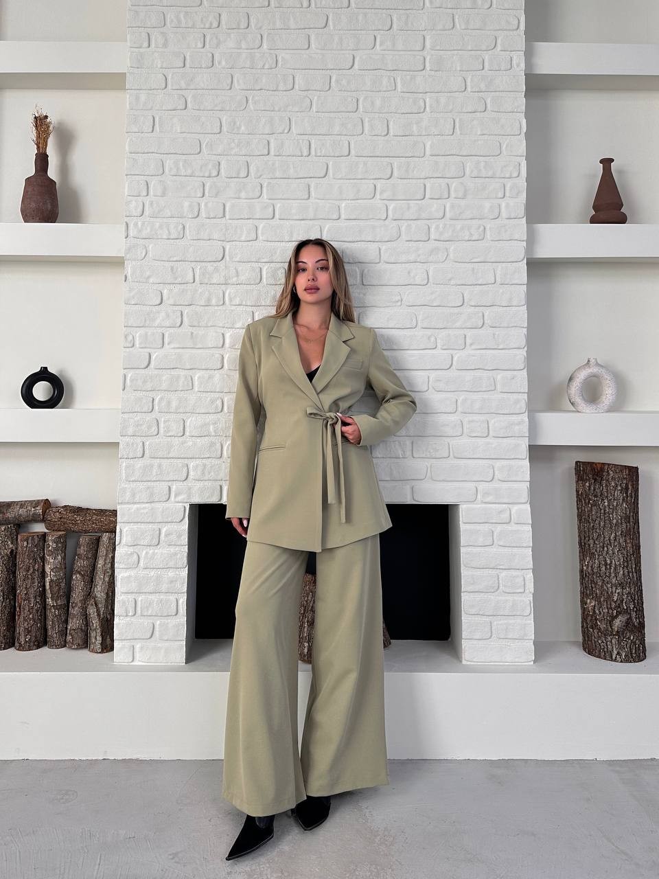 Kemerli Blazer Palazzo Takım Açık Yeşil