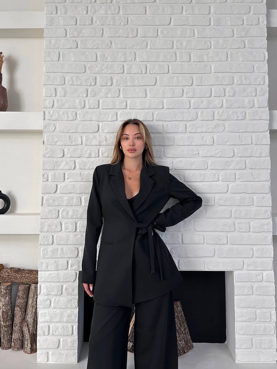 Kemerli Blazer Palazzo Takım Siyah