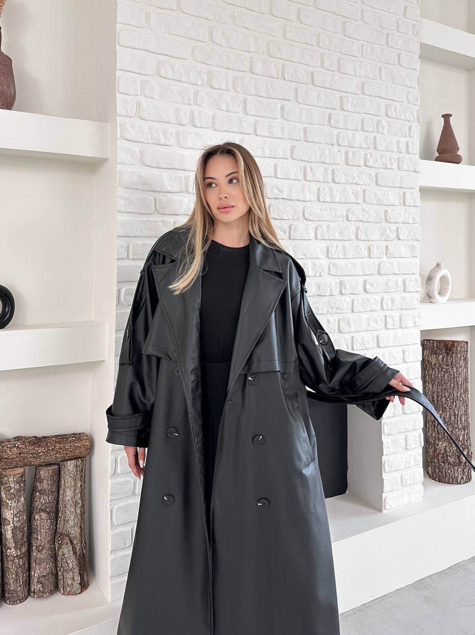 Maxi Oversize Deri Trençkot Siyah