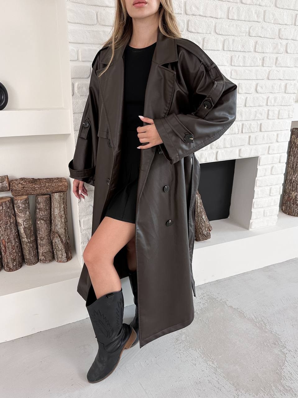 Maxi Oversize Deri Trençkot Kahverengi
