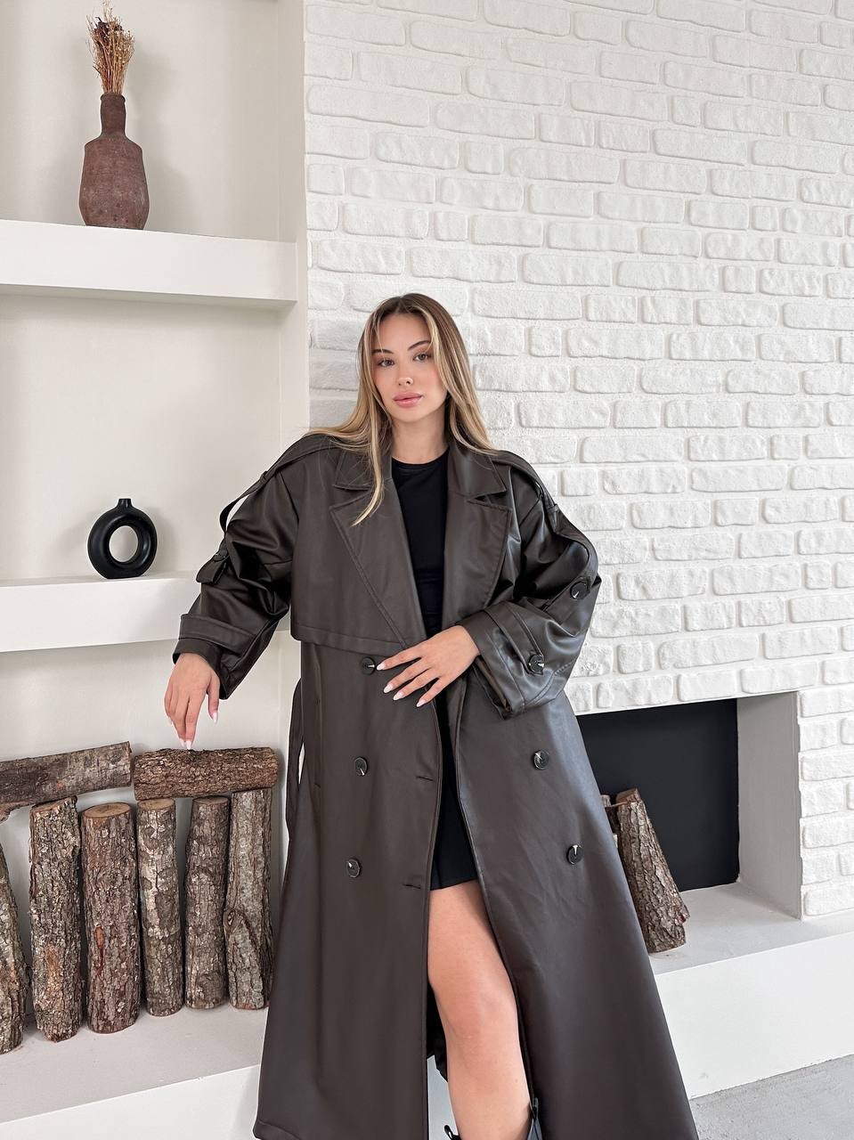 Maxi Oversize Deri Trençkot Kahverengi