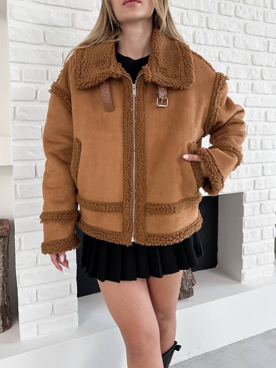 Peluş Detaylı Biker Mont Kahverengi