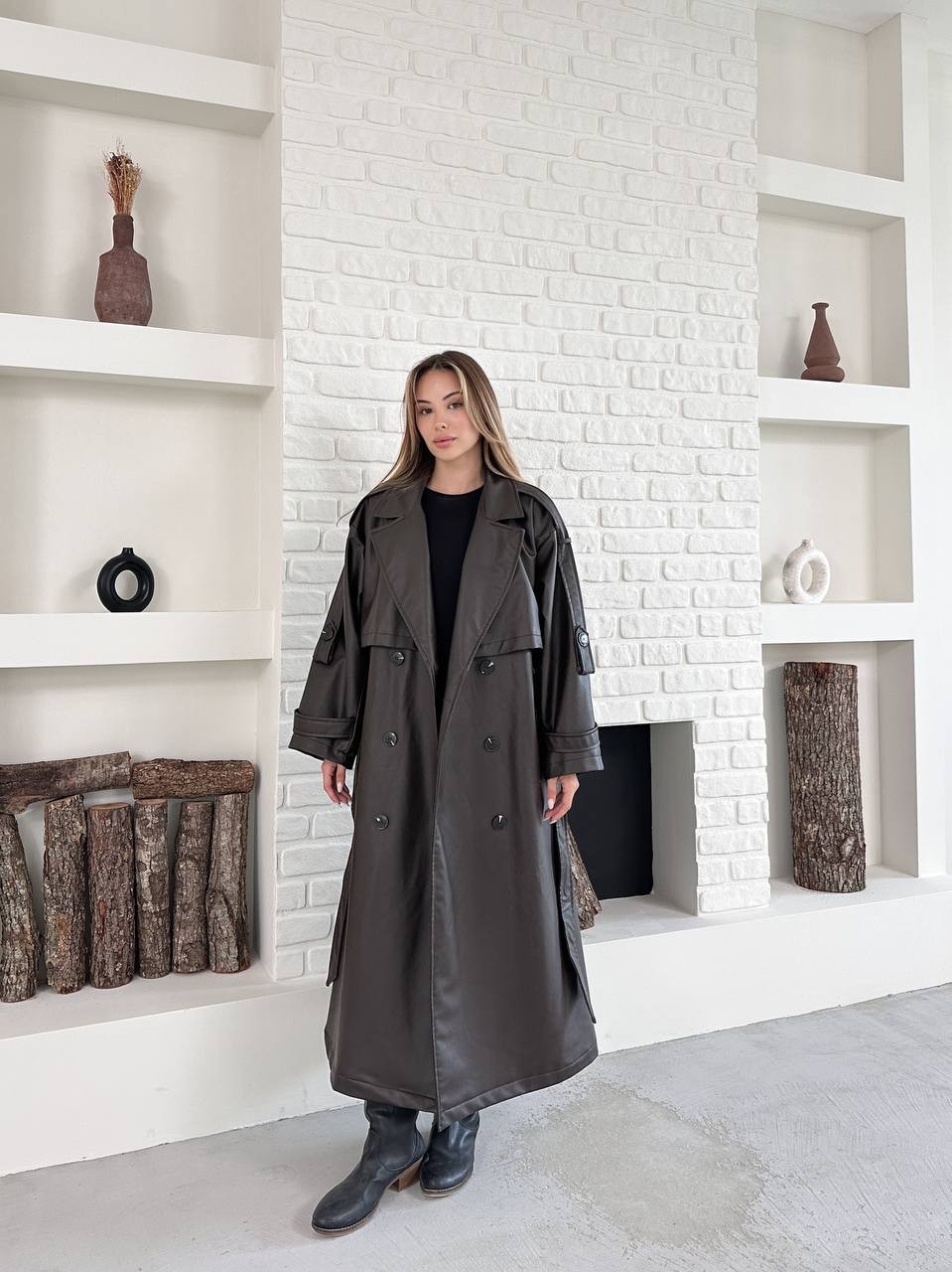 Maxi Oversize Deri Trençkot Kahverengi