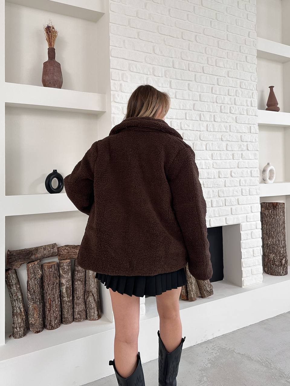 Peluş Fermuarlı Ceket Kahverengi