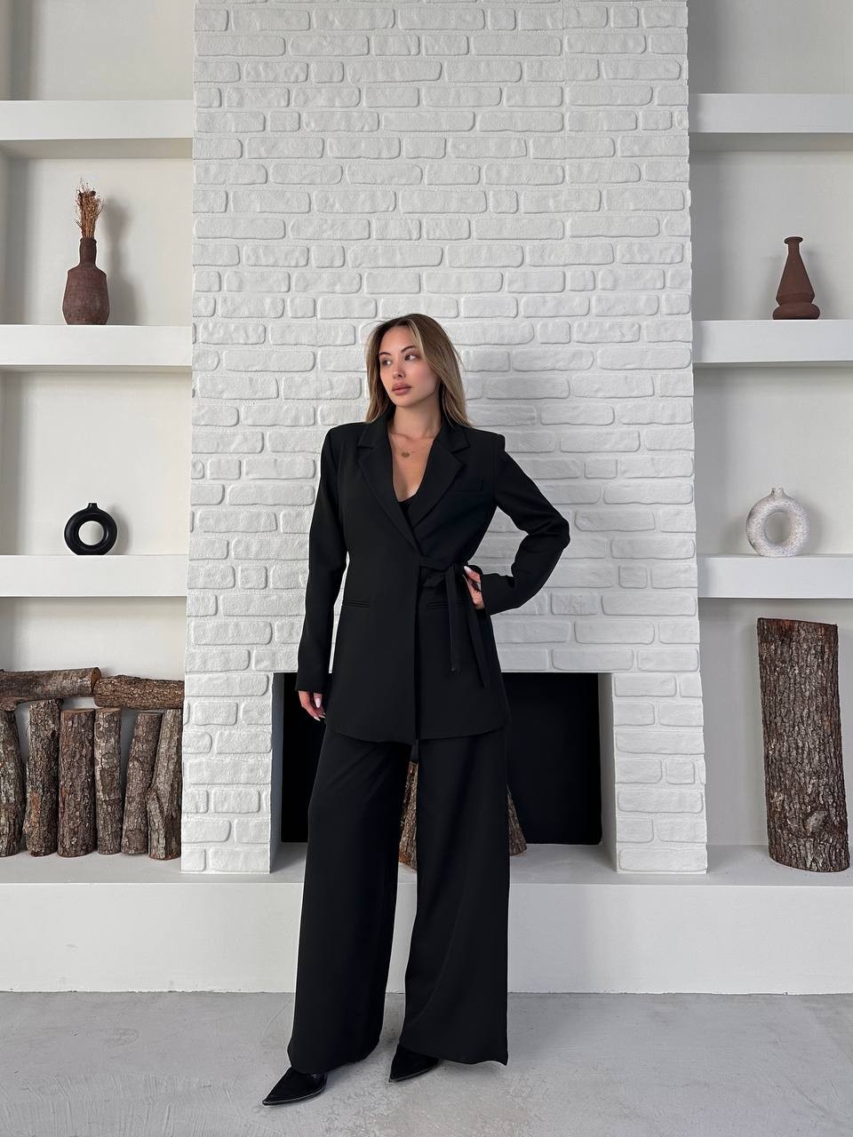 Kemerli Blazer Palazzo Takım Siyah