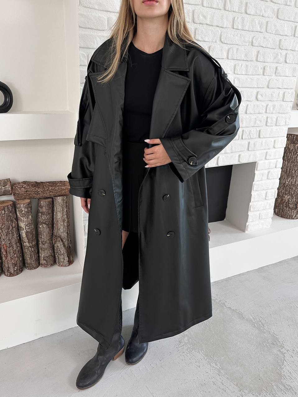 Maxi Oversize Deri Trençkot Siyah
