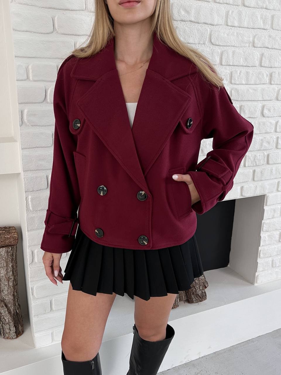 Kruvaze Kısa Kaban Bordo