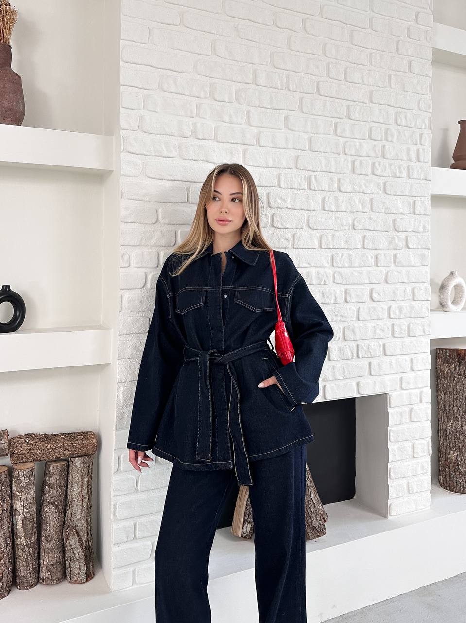 Kemerli Denim Takım Kot