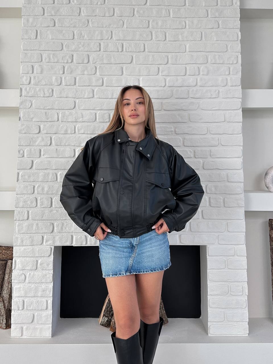 Crop Deri Bomber Ceket Siyah