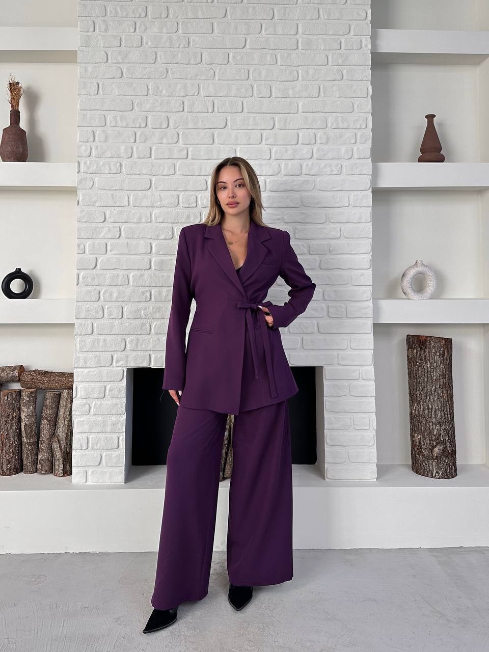 Kemerli Blazer Palazzo Takım Eflatun