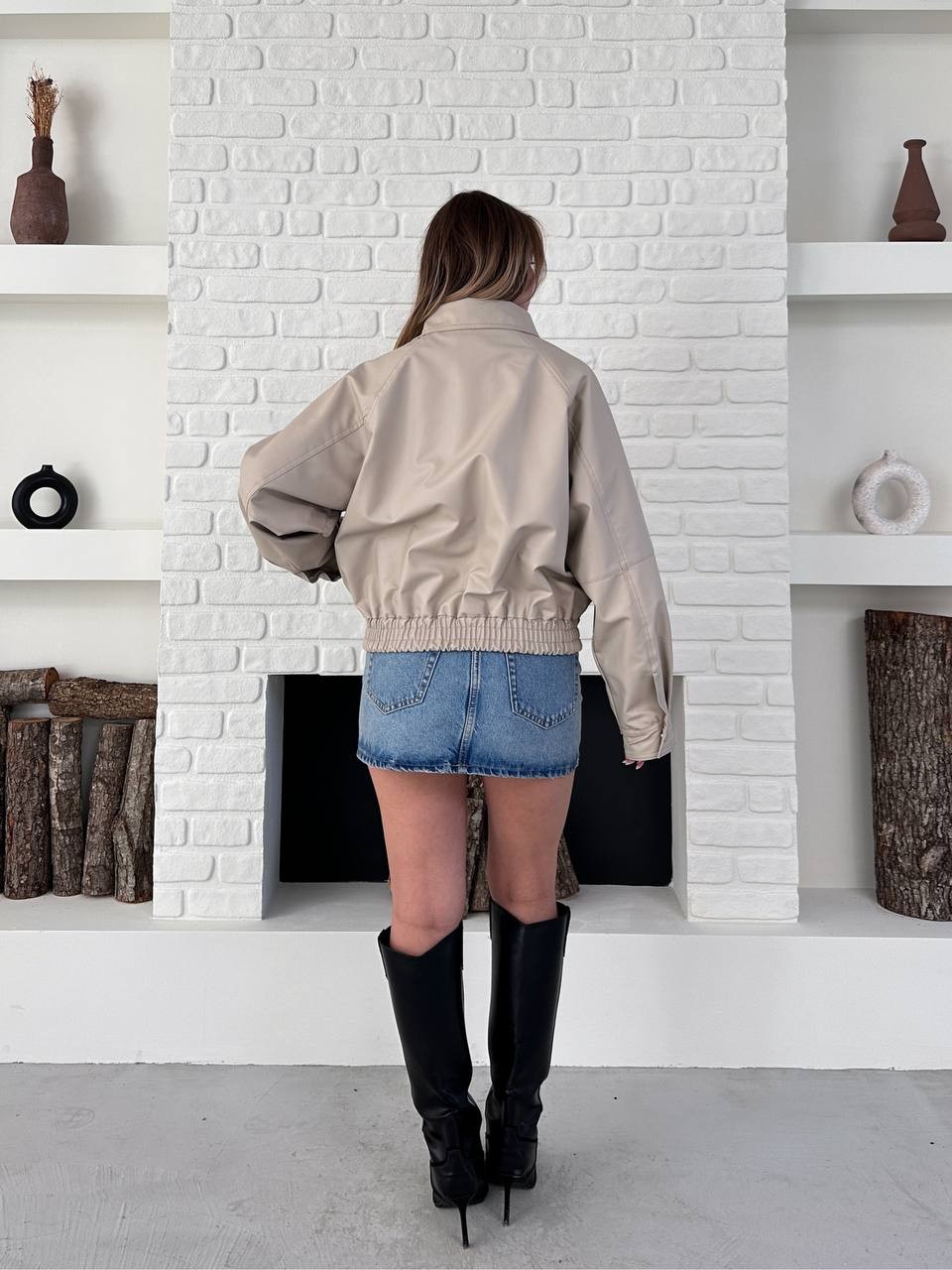 Crop Deri Bomber Ceket Krem