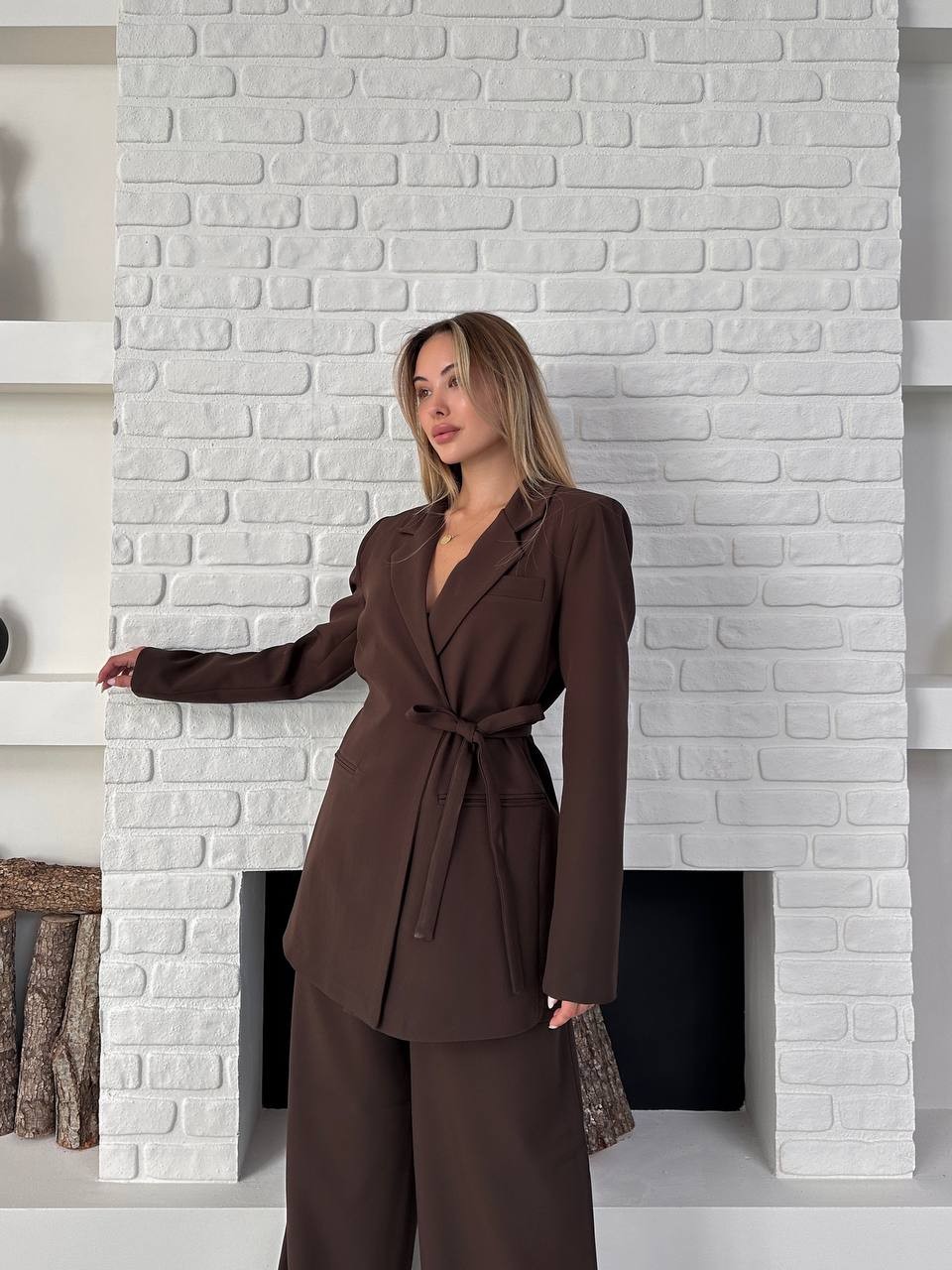 Kemerli Blazer Palazzo Takım Kahverengi