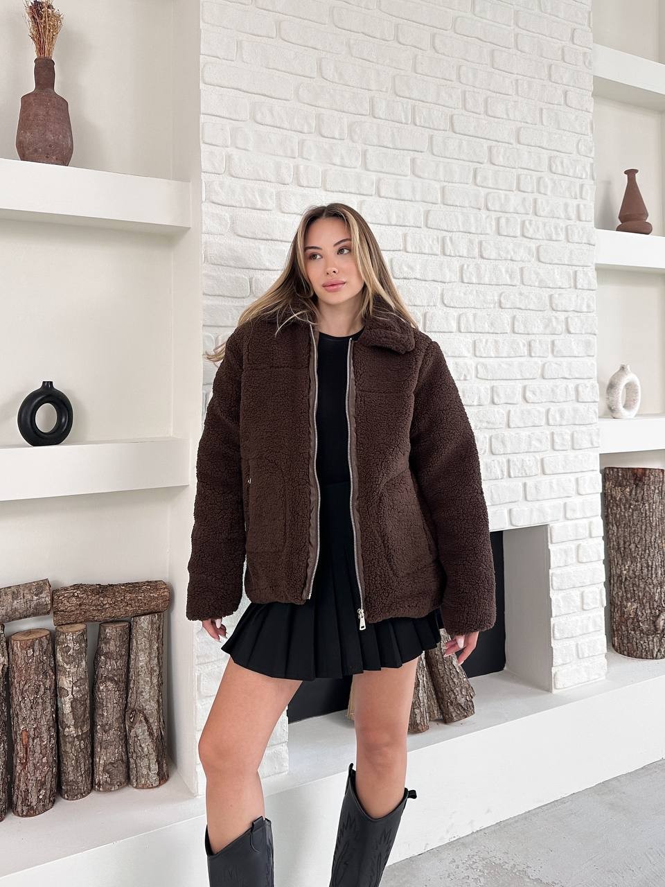 Peluş Fermuarlı Ceket Kahverengi