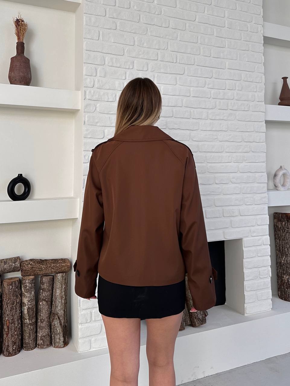 Çift Düğmeli Kısa Trençkot Kahverengi