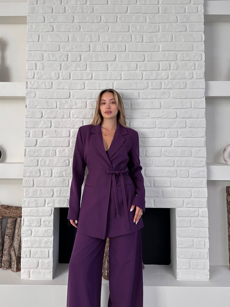 Kemerli Blazer Palazzo Takım Eflatun