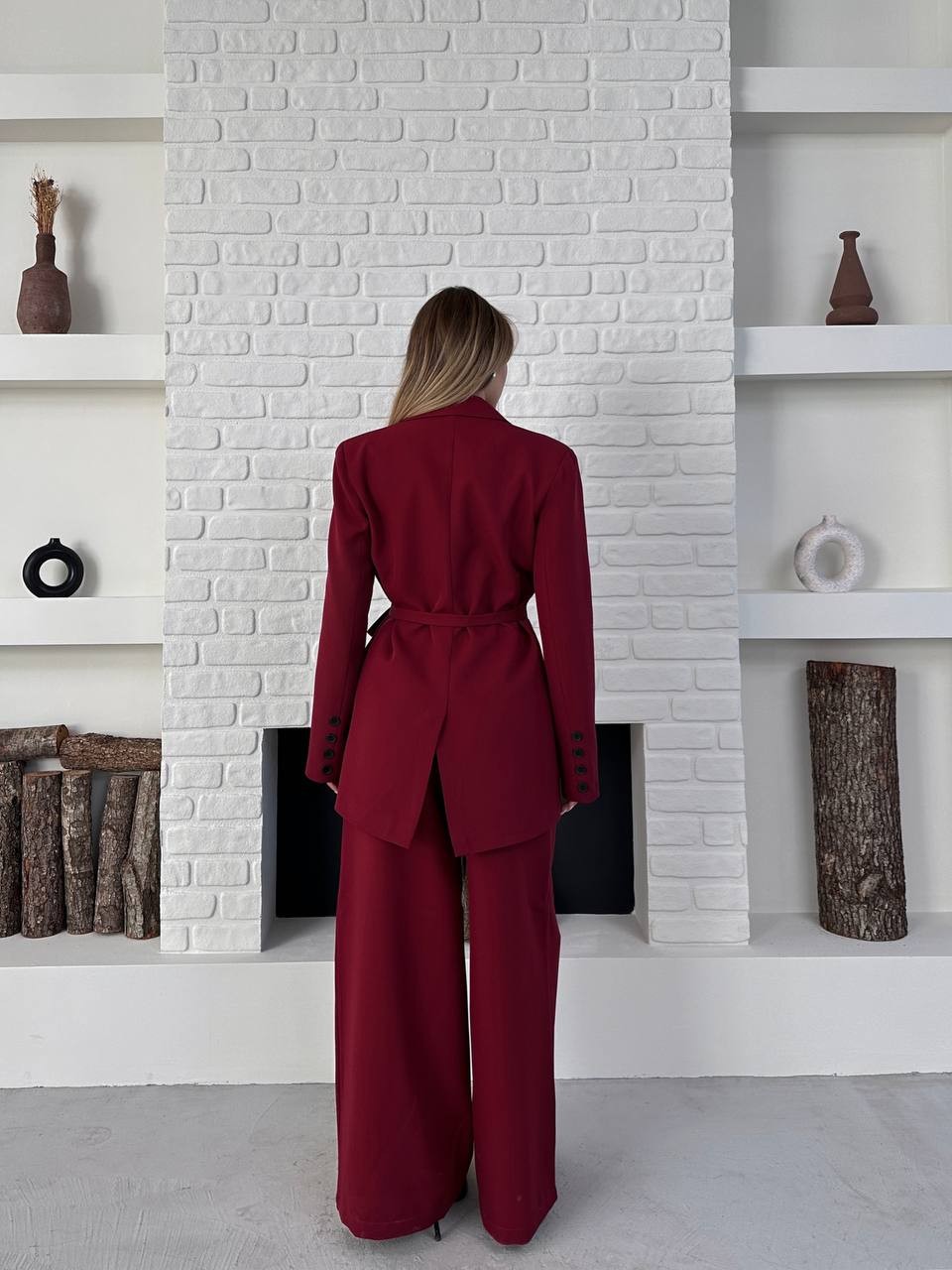 Kemerli Blazer Palazzo Takım Bordo