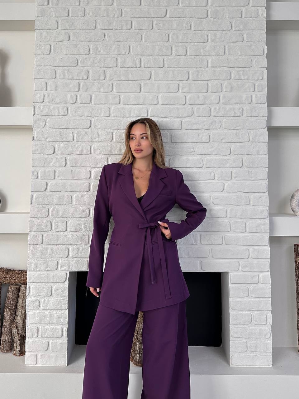 Kemerli Blazer Palazzo Takım Eflatun