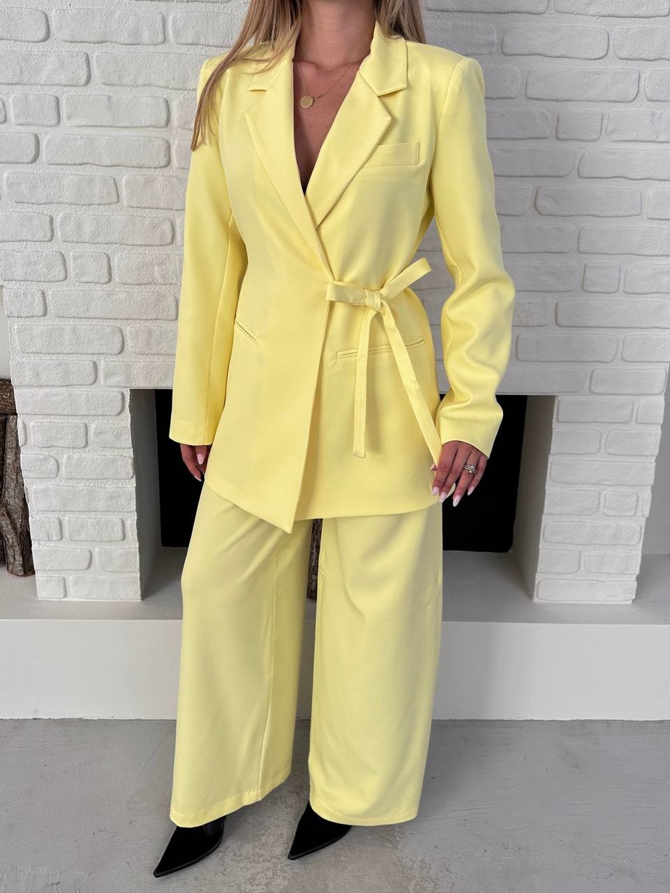 Kemerli Blazer Palazzo Takım Sarı