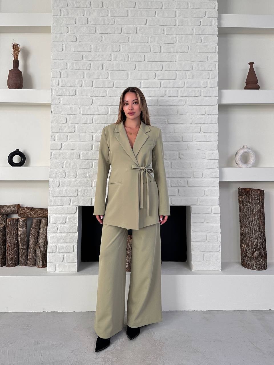Kemerli Blazer Palazzo Takım Açık Yeşil