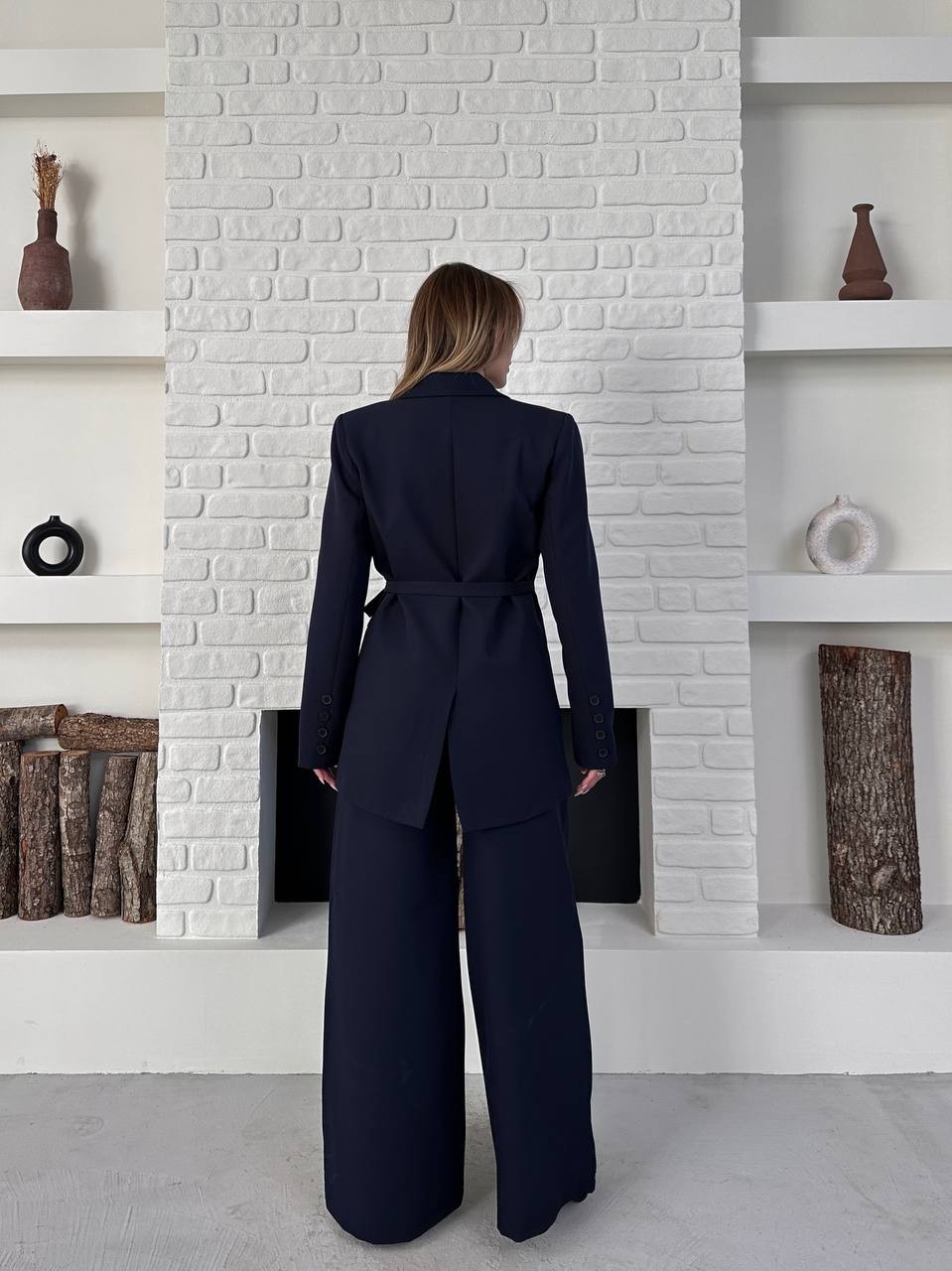 Kemerli Blazer Palazzo Takım Lacivert
