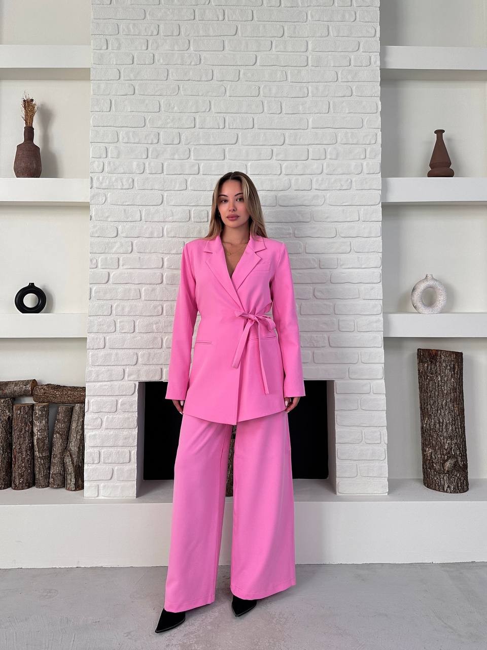 Kemerli Blazer Palazzo Takım Pembe