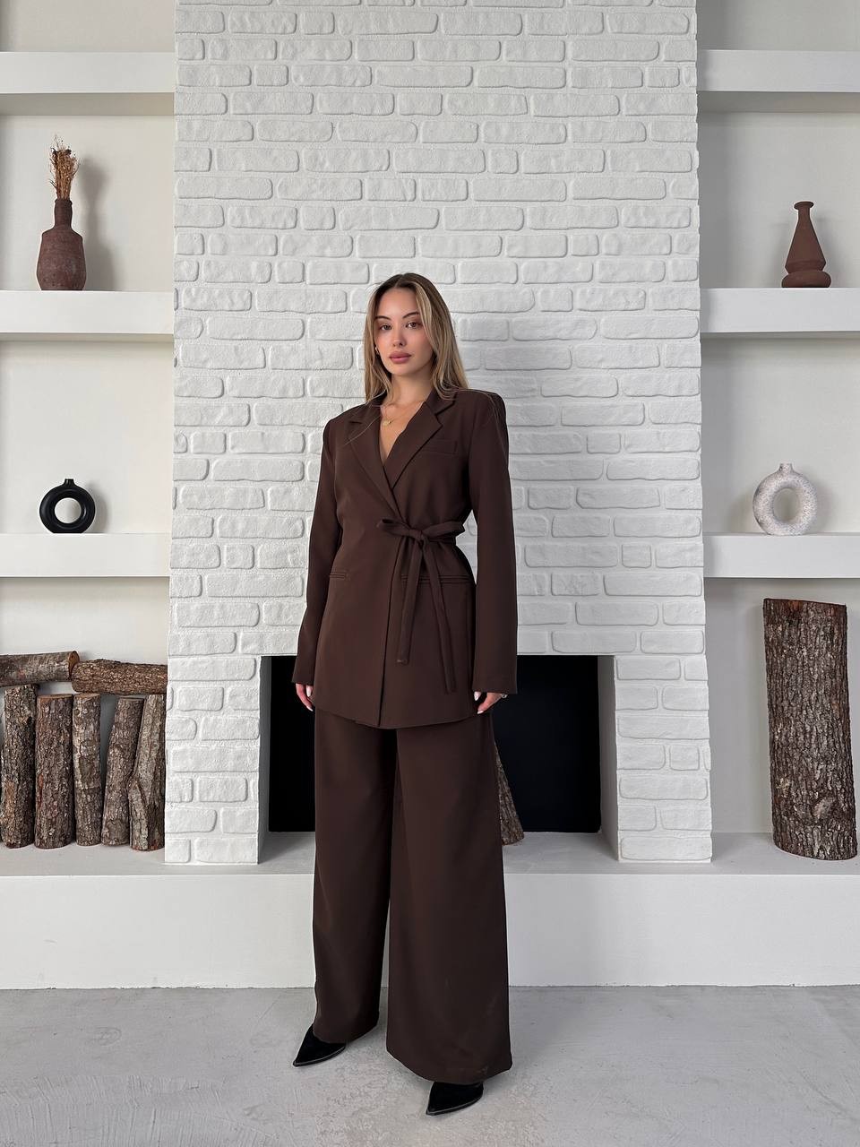 Kemerli Blazer Palazzo Takım Kahverengi